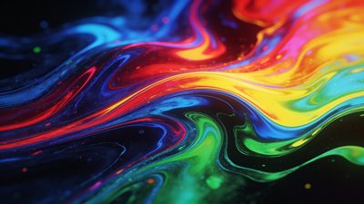 A vibrant abstract wallpaper featuring dynamic swirls of rainbow colors in motion, creating a lively and energetic mood with a fluid, flowing design.