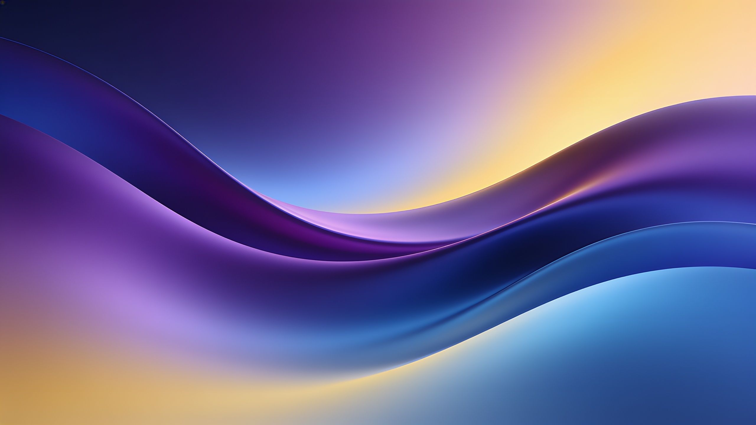 A flowing abstract design featuring smooth, undulating waves of purple, blue, and yellow, creating a vibrant and elegant visual with a serene and dynamic mood.