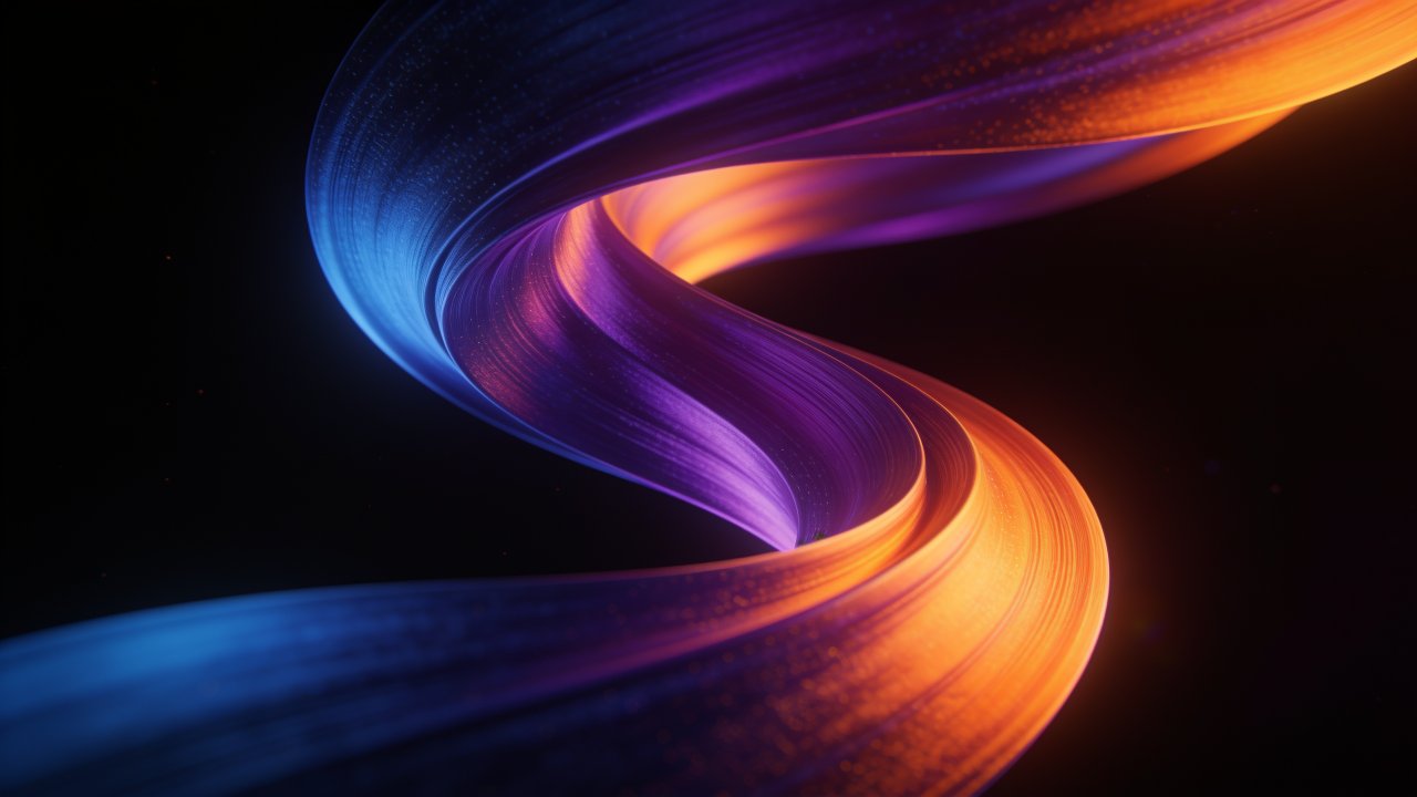 A dynamic swirl of vibrant colors, including blue, purple, and orange, twists elegantly against a dark background, creating a sense of fluid motion and energy. The spectrum of light appears textured and luminous, evoking a mood of vibrant intensity and visual intrigue.