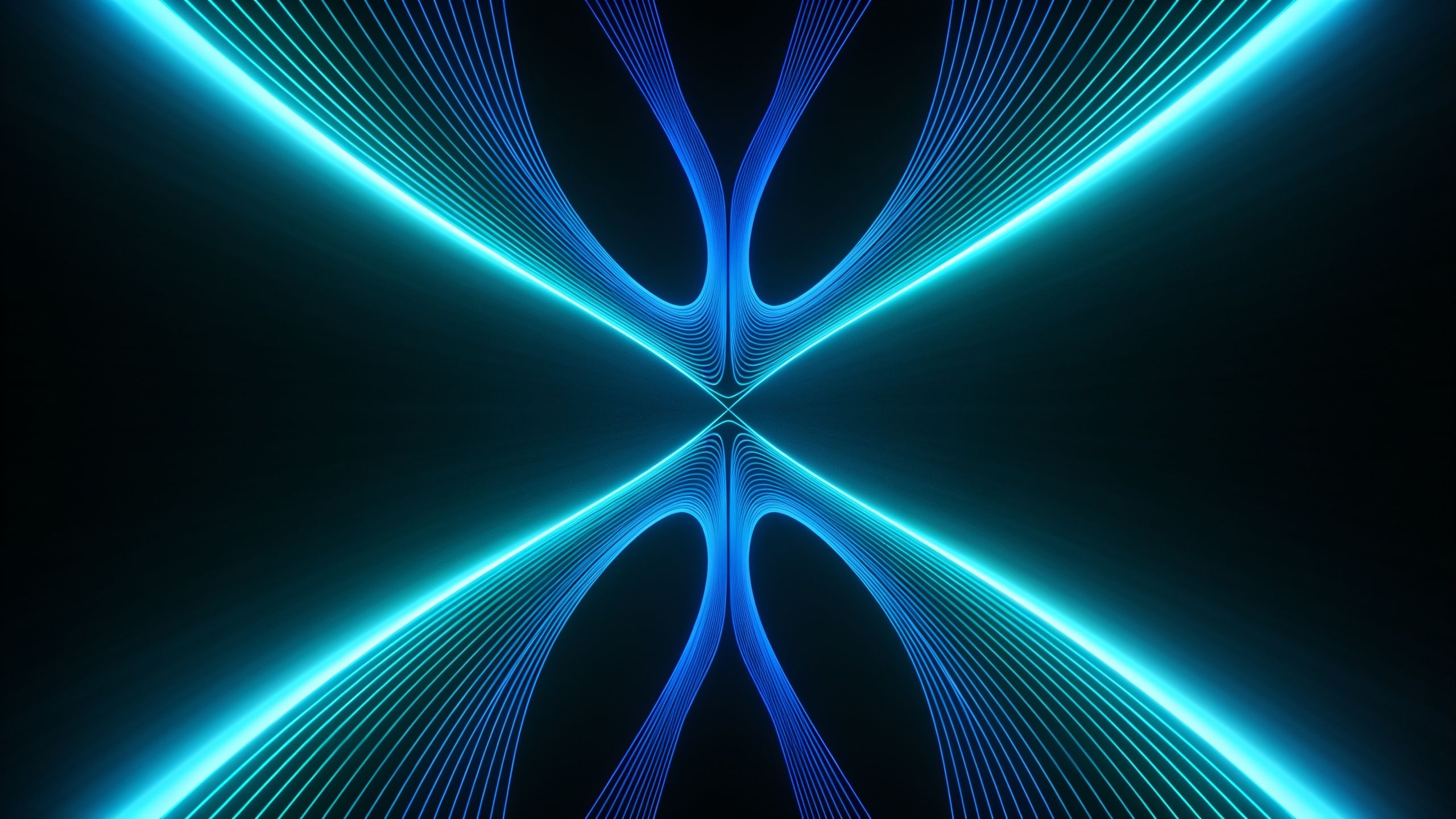 A symmetrical design of glowing neon blue and teal waves creates an entrancing, futuristic pattern against a dark background, evoking a sense of calm and infinite depth.