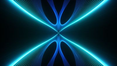 A symmetrical design of glowing neon blue and teal waves creates an entrancing, futuristic pattern against a dark background, evoking a sense of calm and infinite depth.