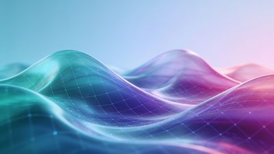 A vibrant digital artwork featuring undulating waves in shades of blue, purple, and pink, overlaid with a subtle grid pattern, creating a dynamic and futuristic feel. The smooth, flowing shapes and soft gradient background evoke a sense of movement and tranquility.