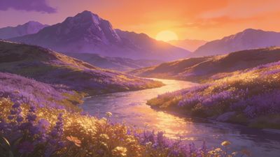 A tranquil sunset casts a warm glow over a mountain river valley, with purple wildflowers lining the riverbanks and majestic peaks silhouetted against the vibrant orange and pink sky, creating a serene and peaceful atmosphere.