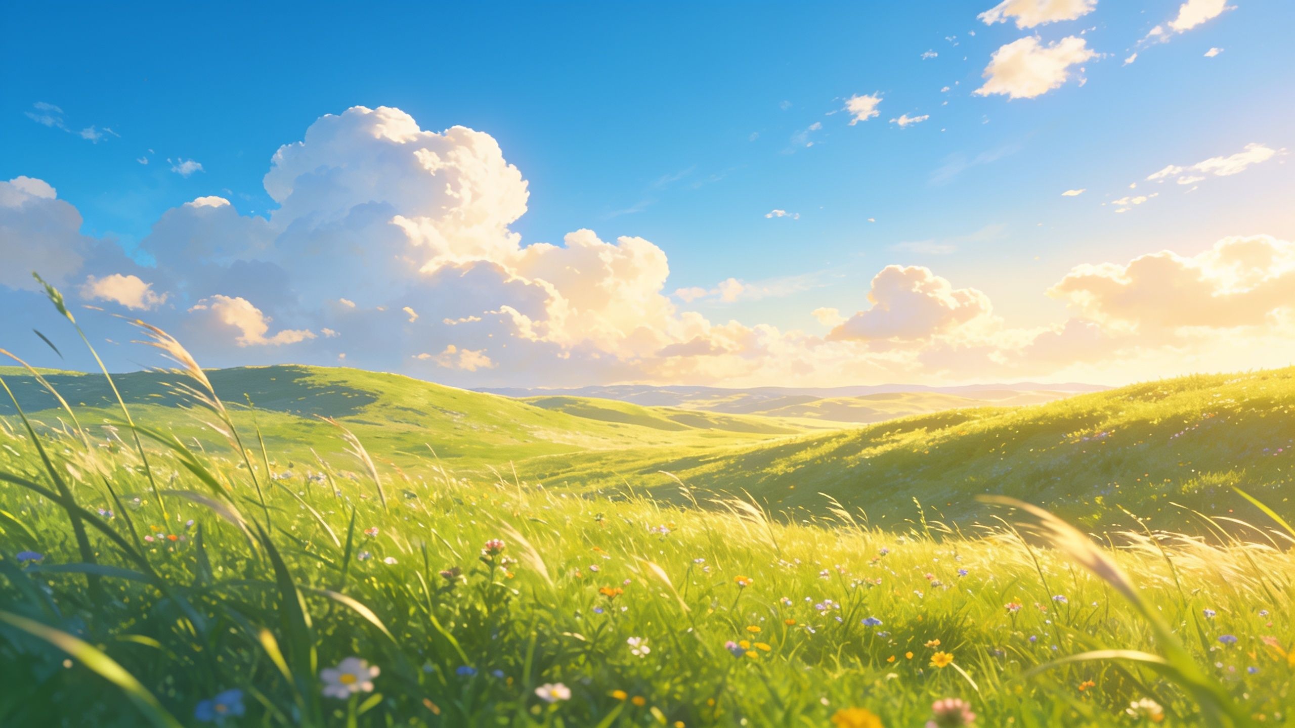 A sunlit meadow with wildflowers stretches across rolling hills under a bright blue sky dotted with fluffy white clouds, creating a serene and blissful atmosphere.