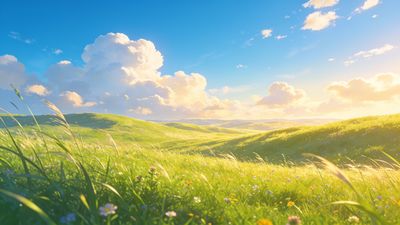 A sunlit meadow with wildflowers stretches across rolling hills under a bright blue sky dotted with fluffy white clouds, creating a serene and blissful atmosphere.
