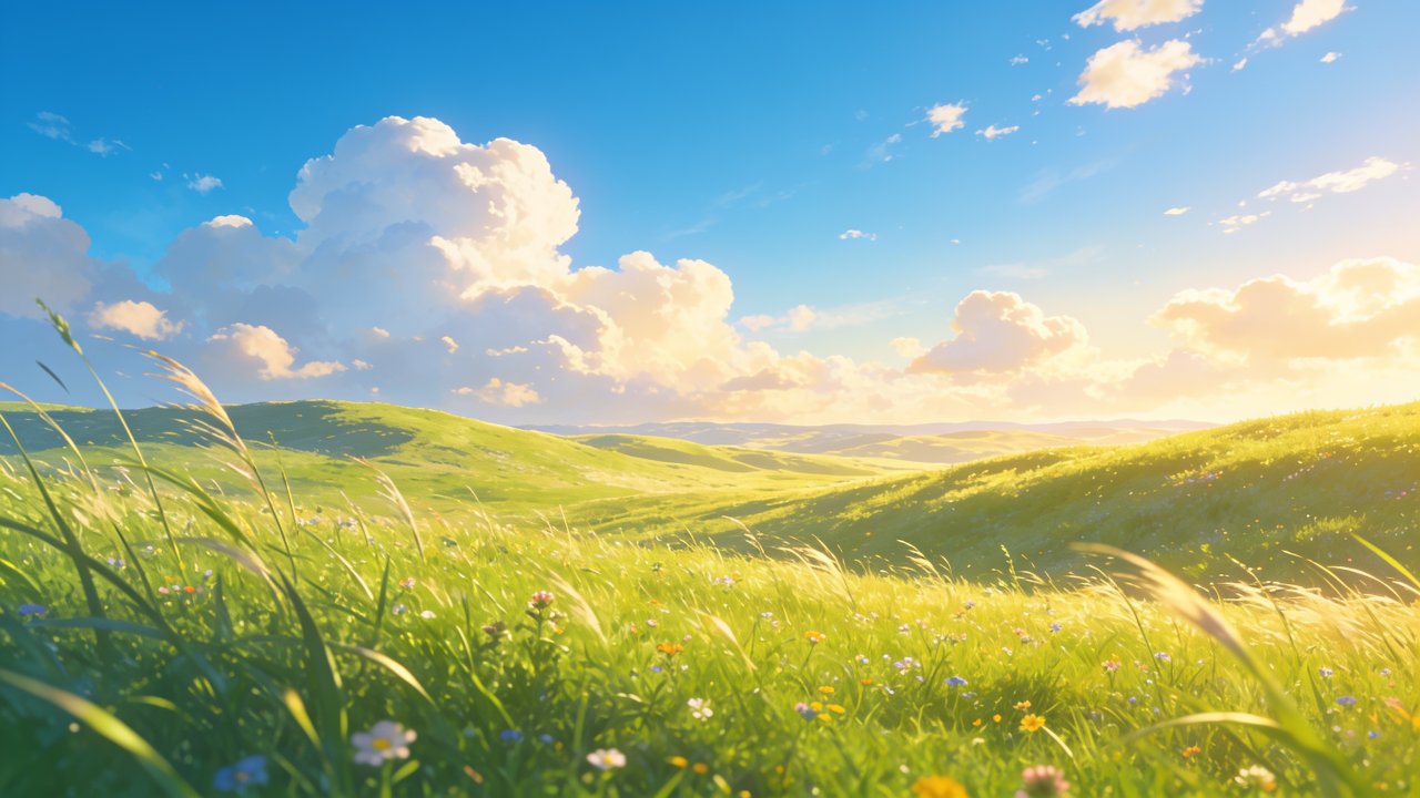 A sunlit meadow with wildflowers stretches across rolling hills under a bright blue sky dotted with fluffy white clouds, creating a serene and blissful atmosphere.