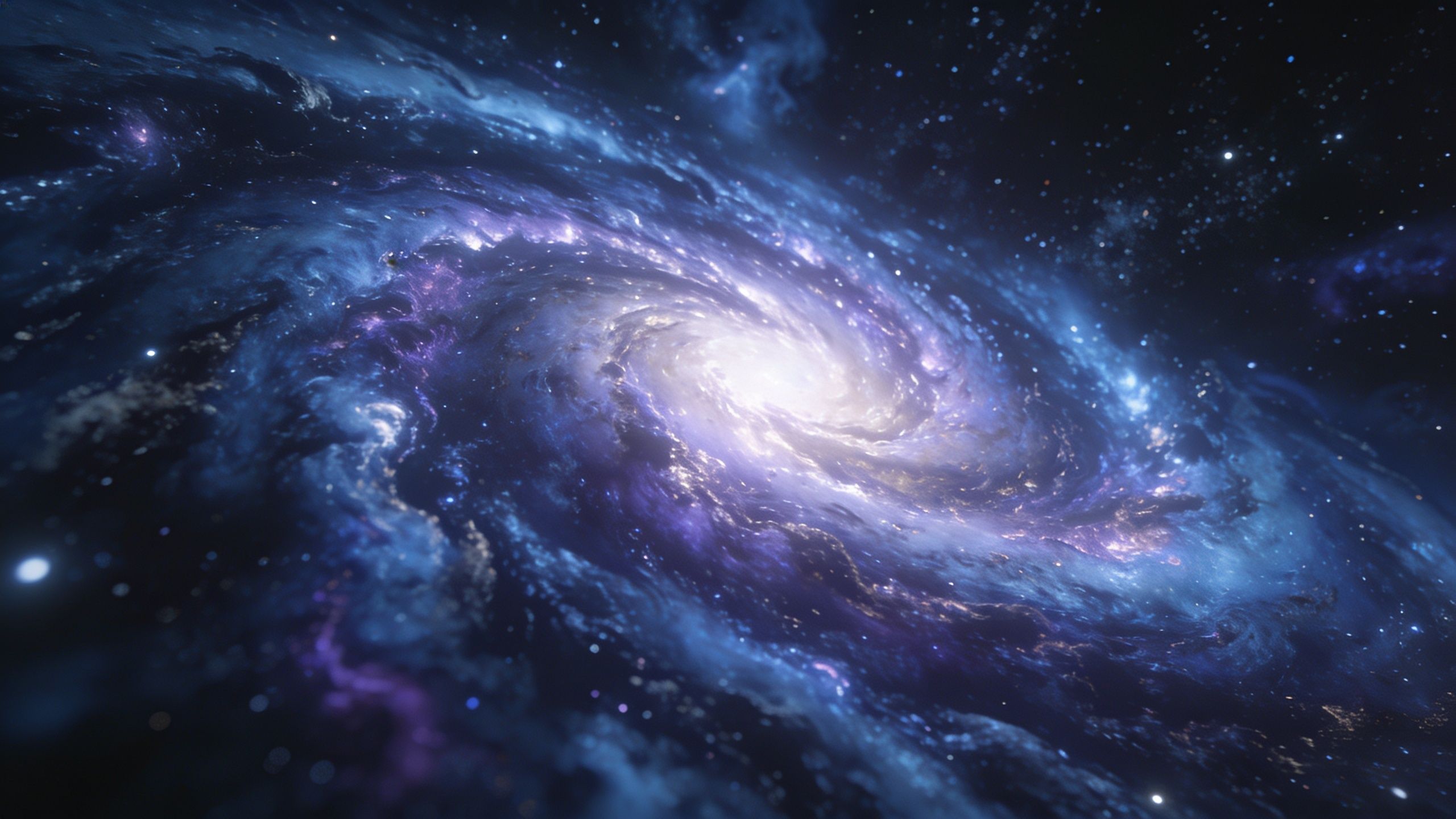 A breathtaking view of a spiral galaxy in deep space, with swirling arms of luminous blues and purples radiating from a bright core, set against a backdrop of countless twinkling stars, creating a serene and awe-inspiring cosmic scene.