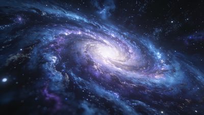 A breathtaking view of a spiral galaxy in deep space, with swirling arms of luminous blues and purples radiating from a bright core, set against a backdrop of countless twinkling stars, creating a serene and awe-inspiring cosmic scene.