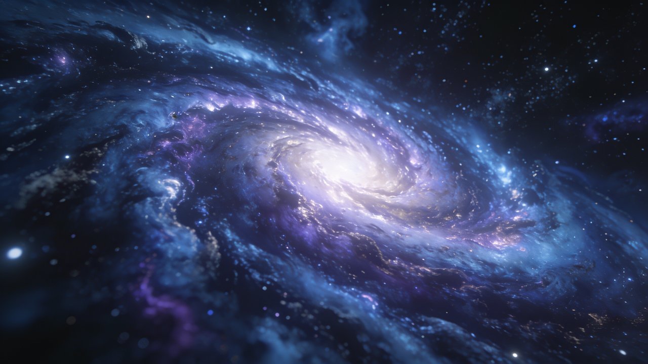 A breathtaking view of a spiral galaxy in deep space, with swirling arms of luminous blues and purples radiating from a bright core, set against a backdrop of countless twinkling stars, creating a serene and awe-inspiring cosmic scene.