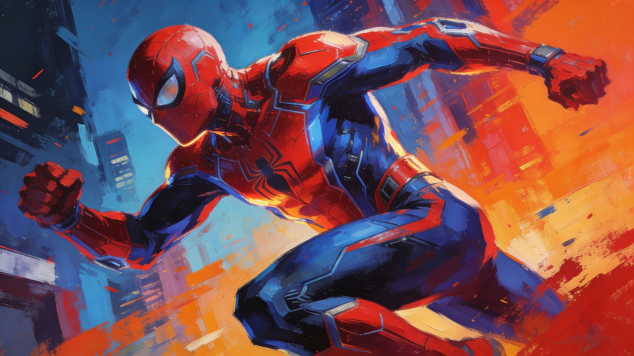 A dynamic superhero in a red and blue suit is captured mid-action against a vibrant cityscape backdrop, with bold brushstrokes of blue, orange, and red creating an energetic and heroic atmosphere.