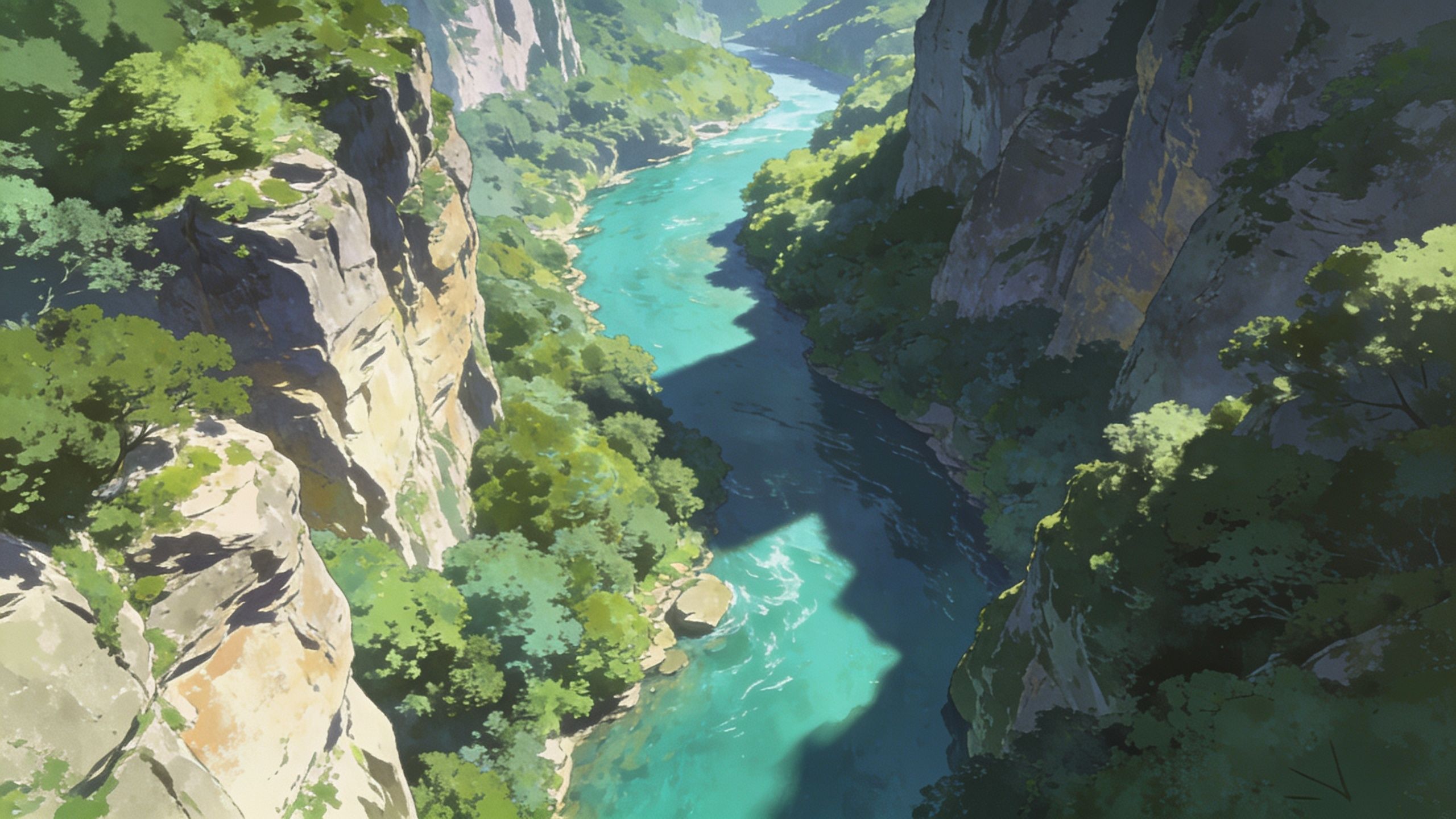 A tranquil river with turquoise waters winds through a lush, green canyon, flanked by steep, rocky cliffs and dense foliage, creating a serene and peaceful atmosphere.