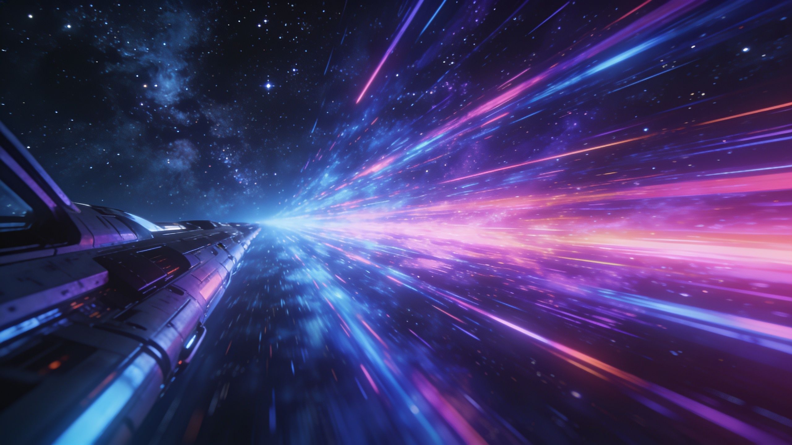 A sleek starship travels at high speed through vibrant, multicolored light trails in a starry cosmic setting, evoking a sense of adventure and futuristic exploration.