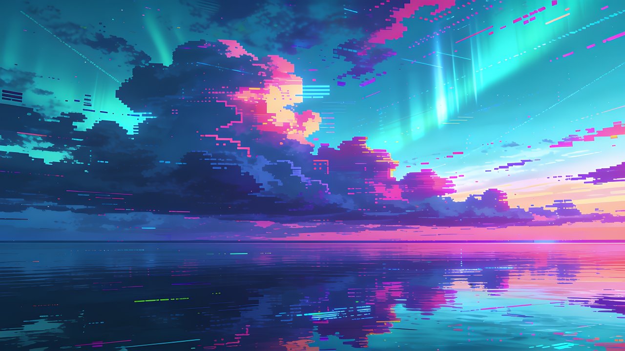 A pixelated aurora in vibrant blues, pinks, and purples dances across the sky above a tranquil sea, reflecting the colorful lights and creating a serene, digital art-inspired atmosphere.