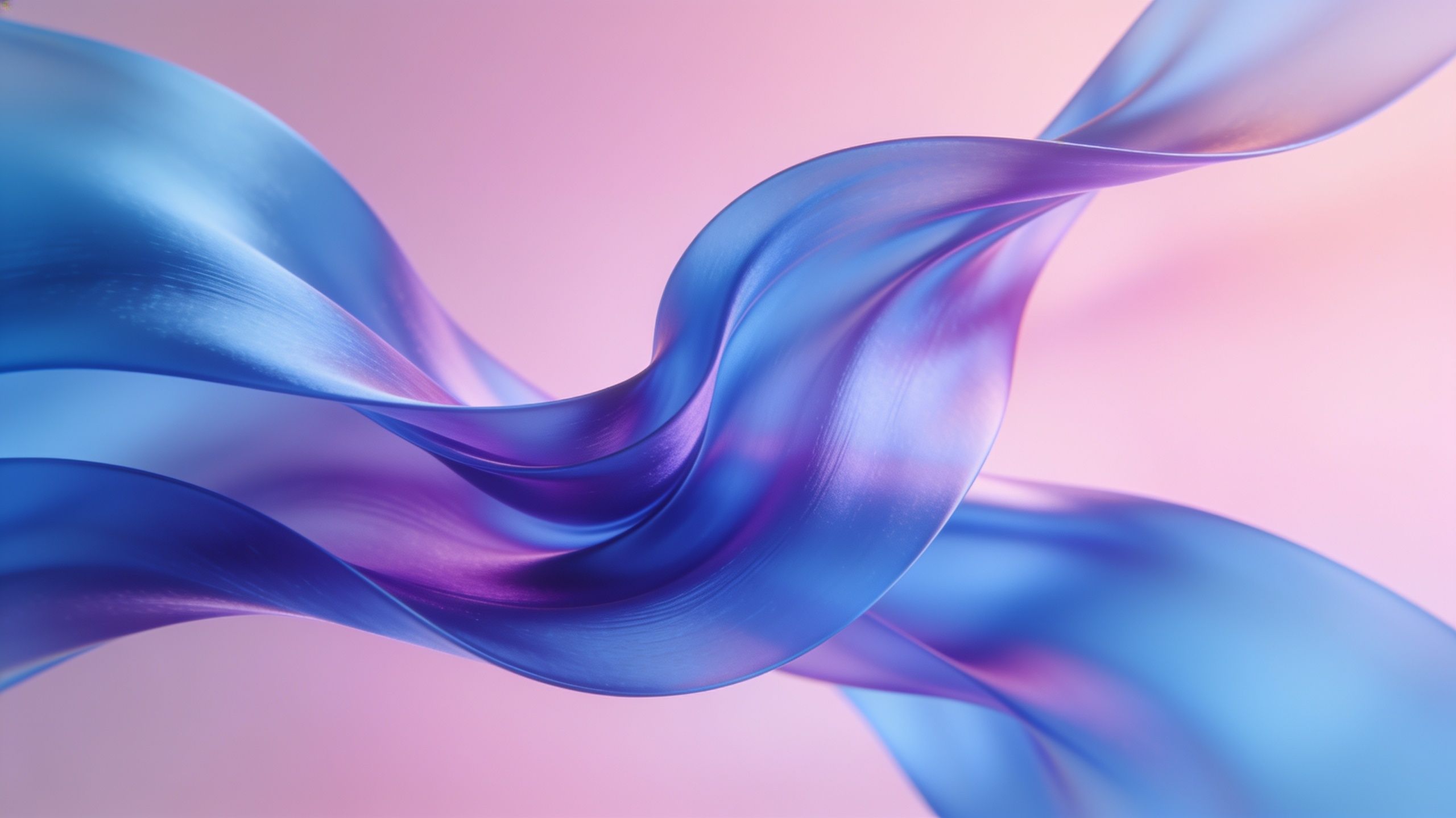An abstract image featuring smooth, flowing waves of blue and purple silk, creating a serene and elegant mood against a soft pink background.