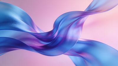 An abstract image featuring smooth, flowing waves of blue and purple silk, creating a serene and elegant mood against a soft pink background.