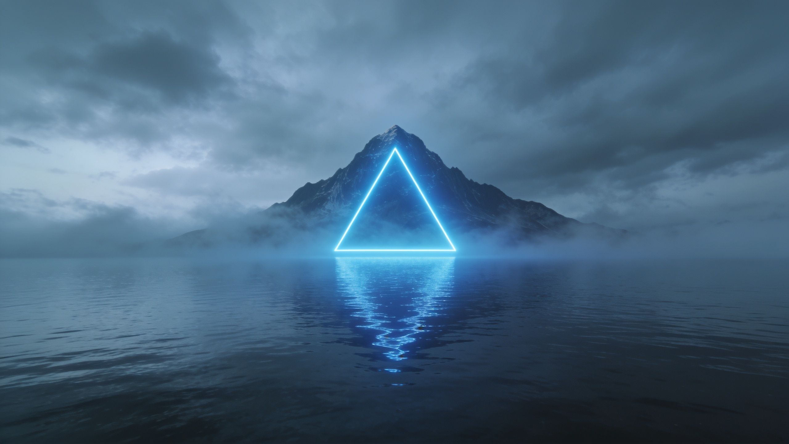 A glowing neon triangle hovers over a tranquil lake, with misty mountains in the background under a cloudy sky, creating a mystical and serene atmosphere.