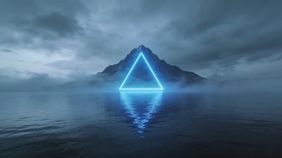 A glowing neon triangle hovers over a tranquil lake, with misty mountains in the background under a cloudy sky, creating a mystical and serene atmosphere.