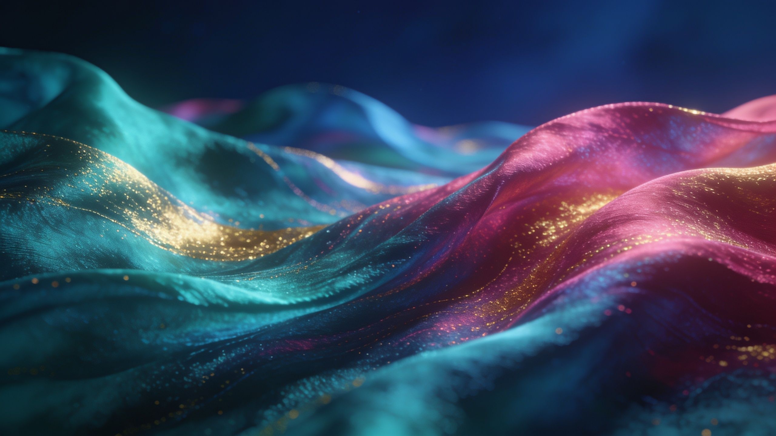 A mesmerizing scene of undulating silk in vibrant hues of turquoise, pink, and gold, creating a luxurious and dynamic texture that evokes a sense of fluidity and elegance.