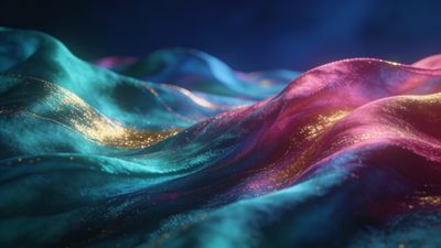 A mesmerizing scene of undulating silk in vibrant hues of turquoise, pink, and gold, creating a luxurious and dynamic texture that evokes a sense of fluidity and elegance.
