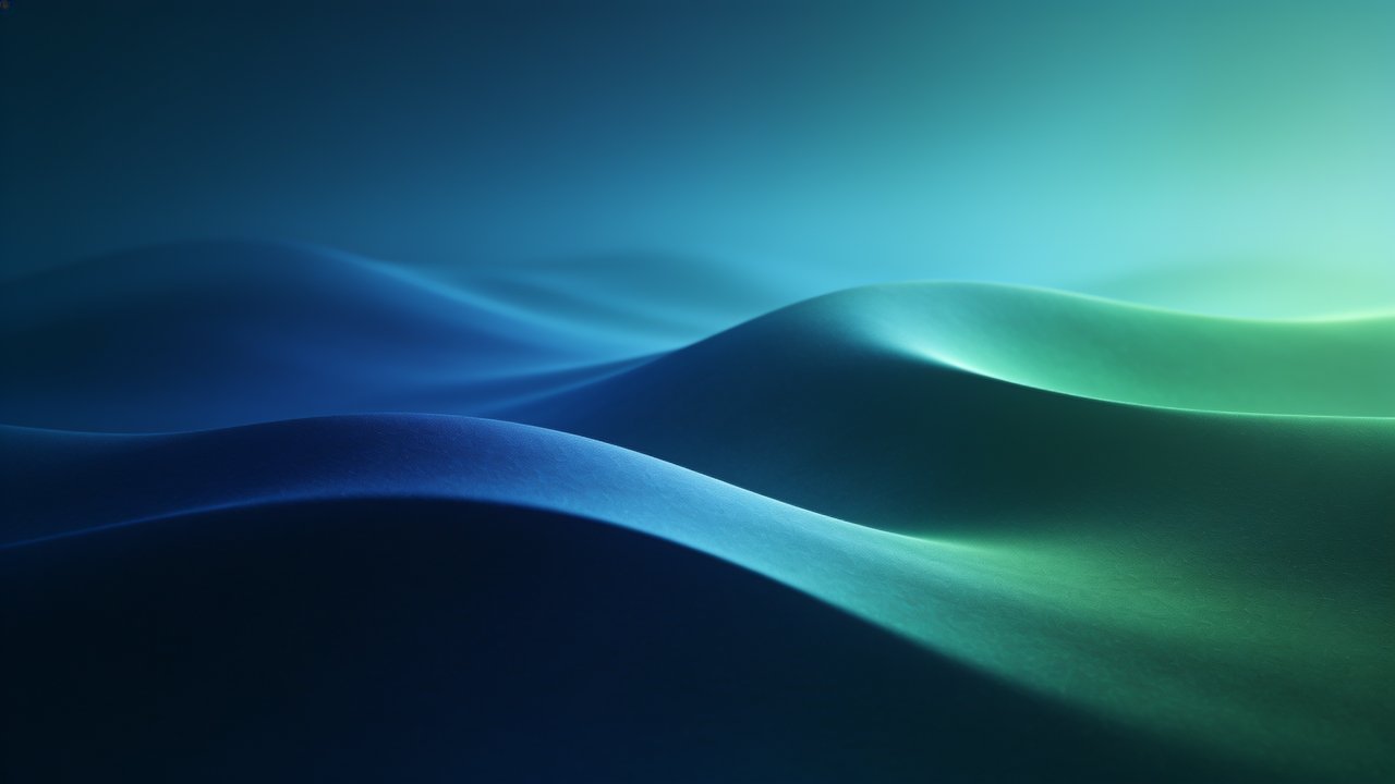 A tranquil scene of ocean waves is depicted in soft, rolling forms with a gradient of deep blue to light green, creating a peaceful and calming atmosphere. The smooth transitions of color and gentle curves evoke a sense of serenity and fluidity.
