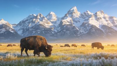 A herd of bison grazes peacefully in a sunlit mountain meadow, with snow-capped peaks towering majestically in the background under a clear blue sky, creating a serene and majestic atmosphere.