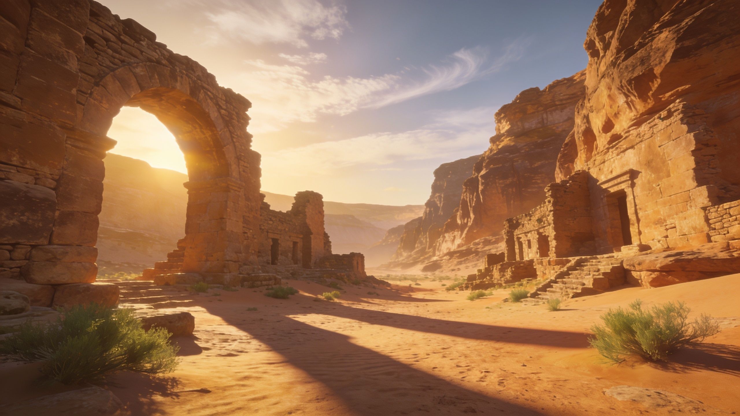 Sunlight bathes ancient stone ruins set in a vast desert landscape, casting long shadows and creating a serene, timeless atmosphere. The warm hues of the sand and rocks contrast with the clear blue sky, enhancing the tranquil mood.