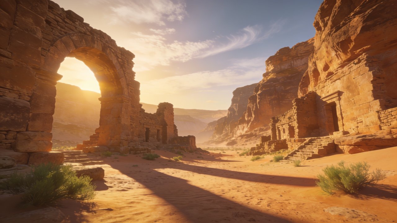 Sunlight bathes ancient stone ruins set in a vast desert landscape, casting long shadows and creating a serene, timeless atmosphere. The warm hues of the sand and rocks contrast with the clear blue sky, enhancing the tranquil mood.