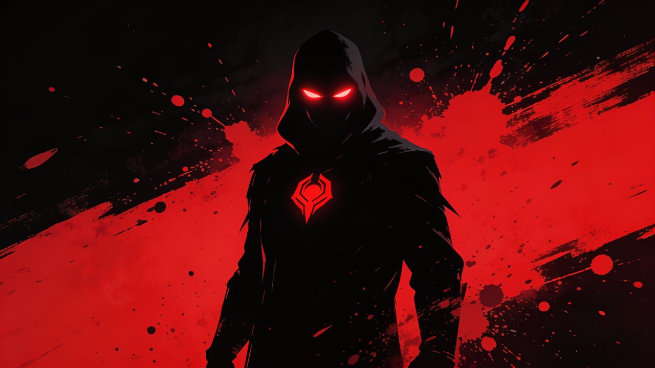 A dark hooded figure with glowing red eyes stands against a dramatic backdrop of red splatters and streaks, creating a mysterious and ominous atmosphere. The figure's silhouette is accentuated by the stark contrast between the deep shadows and the vivid red highlights.