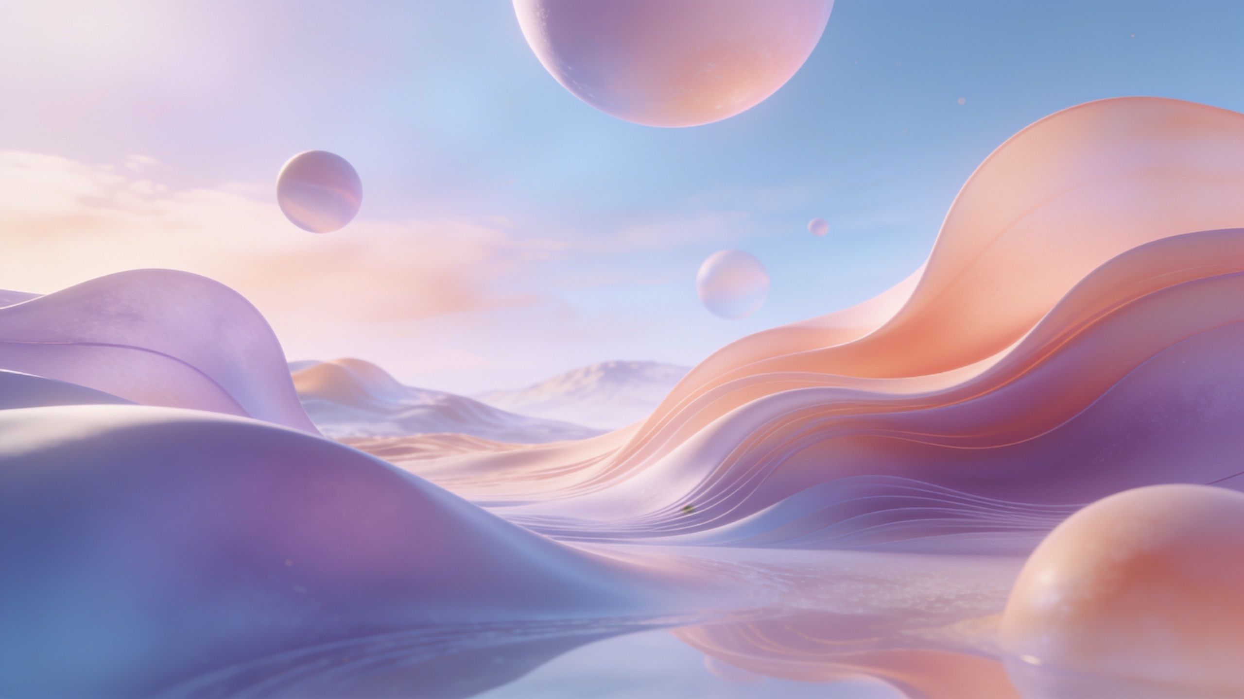 A serene landscape with soft pastel hues features undulating hills and floating spheres, creating a dreamlike and ethereal atmosphere under a gentle sky.