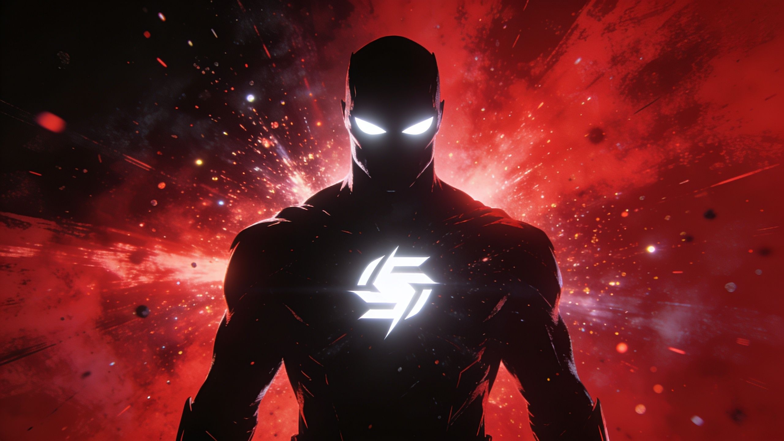 A silhouetted superhero stands powerfully against a backdrop of fiery red and orange hues, with glowing eyes and a bright emblem on their chest, creating a dramatic and intense atmosphere.
