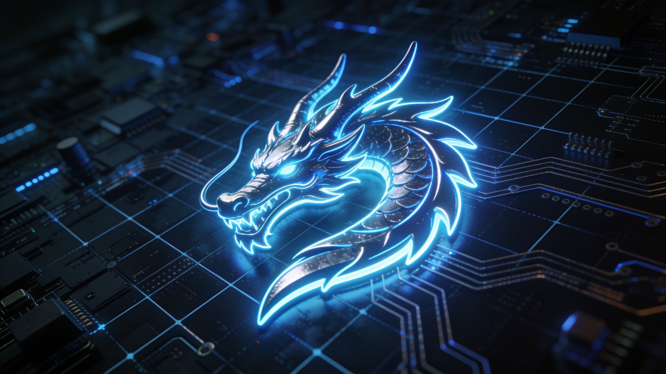 A glowing neon dragon with intricate scales and fierce eyes is superimposed on a dark, detailed circuit board, creating a futuristic and high-tech atmosphere. The vibrant blue and white hues of the dragon contrast with the sleek, metallic background, evoking a sense of power and mystery.