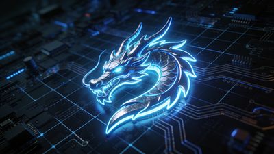 A glowing neon dragon with intricate scales and fierce eyes is superimposed on a dark, detailed circuit board, creating a futuristic and high-tech atmosphere. The vibrant blue and white hues of the dragon contrast with the sleek, metallic background, evoking a sense of power and mystery.