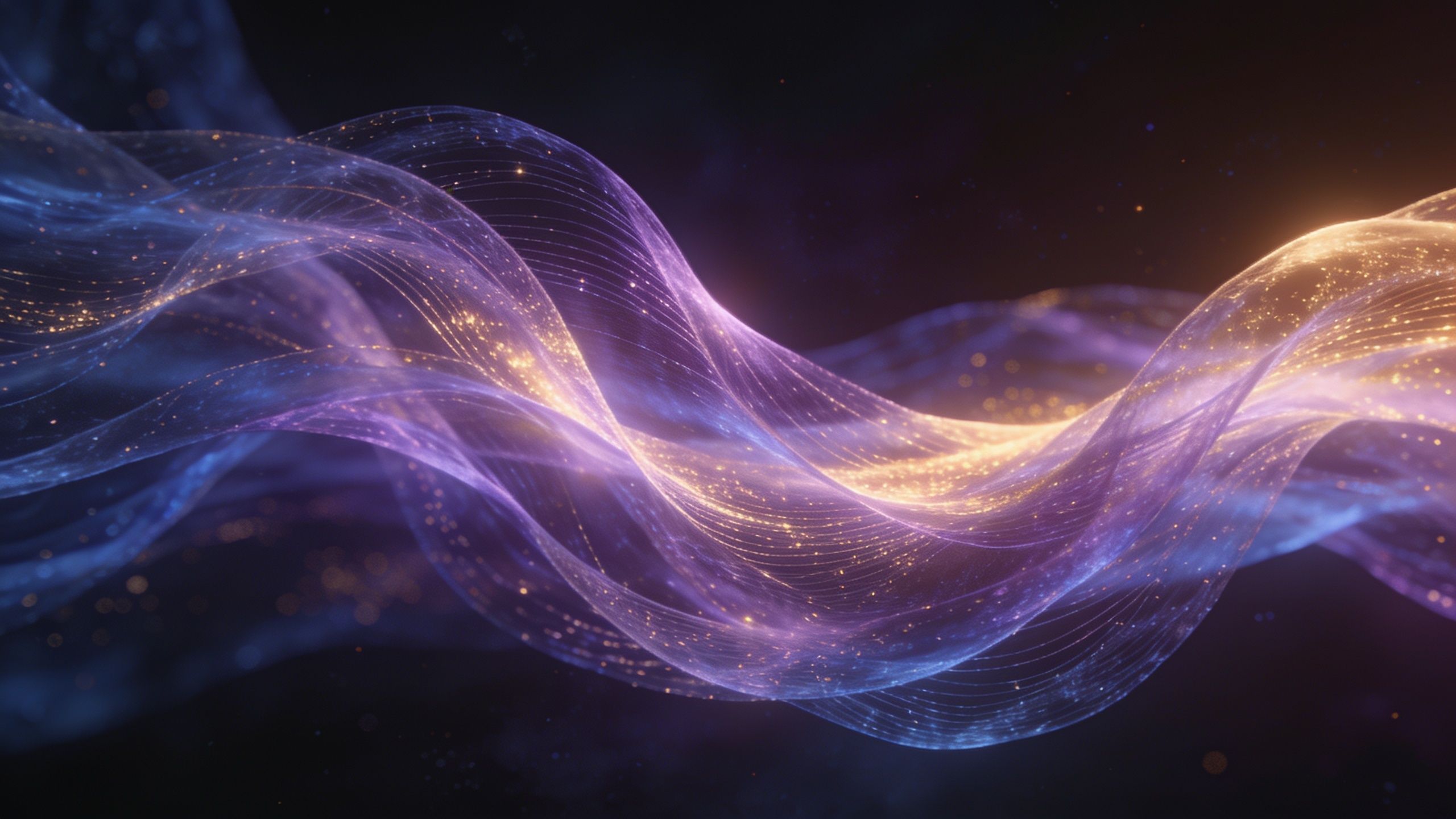 A mesmerizing display of ethereal waves in vibrant purples, blues, and golds, flowing gracefully against a dark background, creating a serene and otherworldly atmosphere.