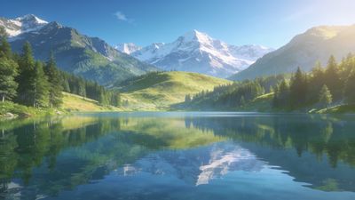 A tranquil mountain lake reflects the surrounding lush greenery and towering snowy peaks under a clear blue sky, creating a serene and peaceful atmosphere.