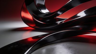 A sleek abstract wallpaper featuring glossy black and red curves intertwining against a gradient background, creating a modern and dynamic visual with a sophisticated and energetic mood.