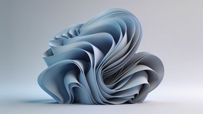 A complex and elegant abstract sculpture made of layered blue paper swirls gracefully against a soft, light background, creating a serene and sophisticated atmosphere.