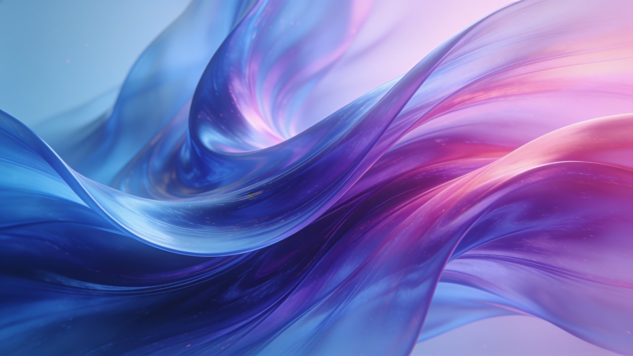 A dynamic and colorful abstract wallpaper featuring flowing waves of blue, purple, and pink hues, creating a sense of movement and energy against a soft gradient background. The vibrant colors and fluid shapes evoke a lively and uplifting mood.