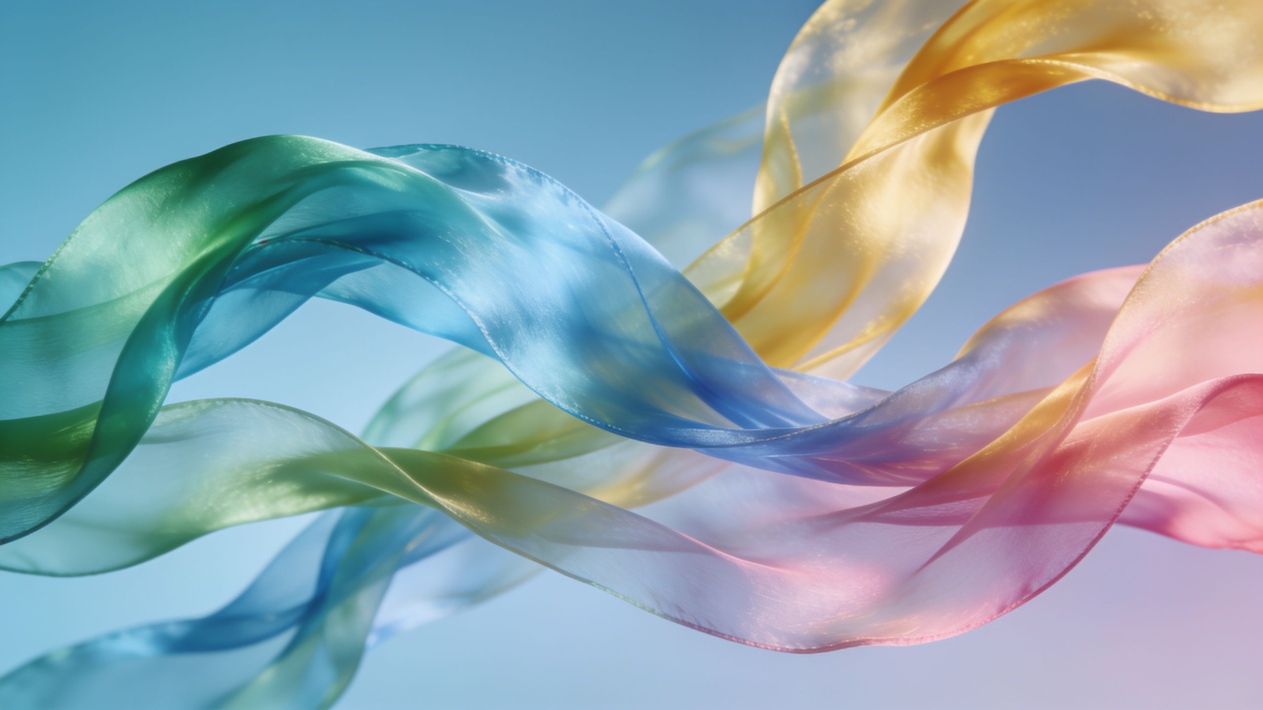 The image features vibrant silk ribbons in shades of green, blue, yellow, and pink, gracefully swirling against a soft blue background, creating a dynamic and lively atmosphere.