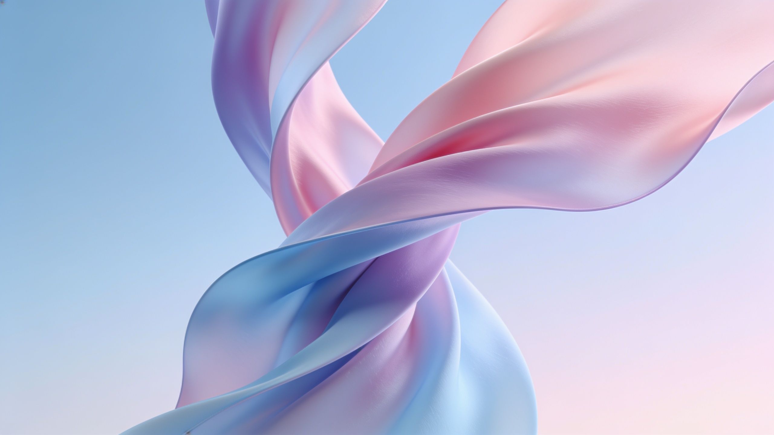Soft pastel silk ribbons in shades of pink, blue, and lavender twist gracefully against a serene, light blue background, creating a calming and elegant atmosphere.