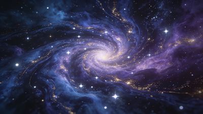 A vibrant spiral galaxy swirls in deep space, with luminous stars scattered across a backdrop of rich purples and blues, creating a mystical and awe-inspiring atmosphere.