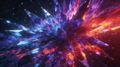 A vibrant explosion of sharp, crystalline structures in space, featuring a dynamic blend of blue and fiery red hues, creates an energetic and otherworldly atmosphere.