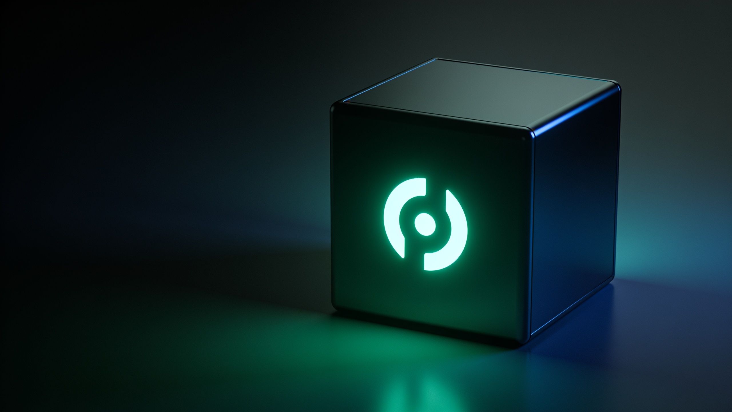 A glowing cube with a teal light emanating from a circular symbol on its side sits in a dark, minimalist setting, creating a futuristic and mysterious atmosphere.