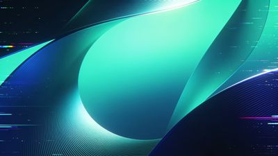 A dynamic and futuristic wallpaper featuring abstract waves in shades of teal and blue, creating a sense of fluid motion and depth with subtle digital glitch effects enhancing the modern, high-tech mood.