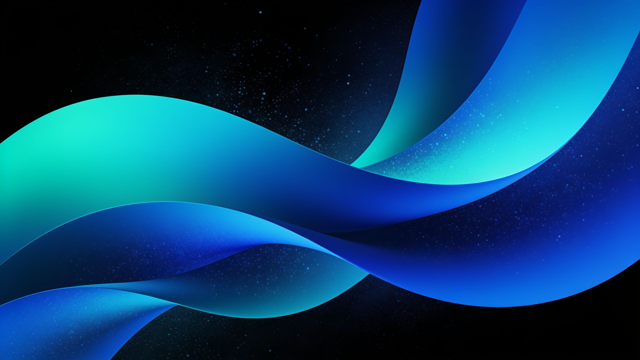A dynamic composition of vibrant blue and teal waves flows across a starry cosmic background, creating a sense of movement and serenity in a celestial setting.