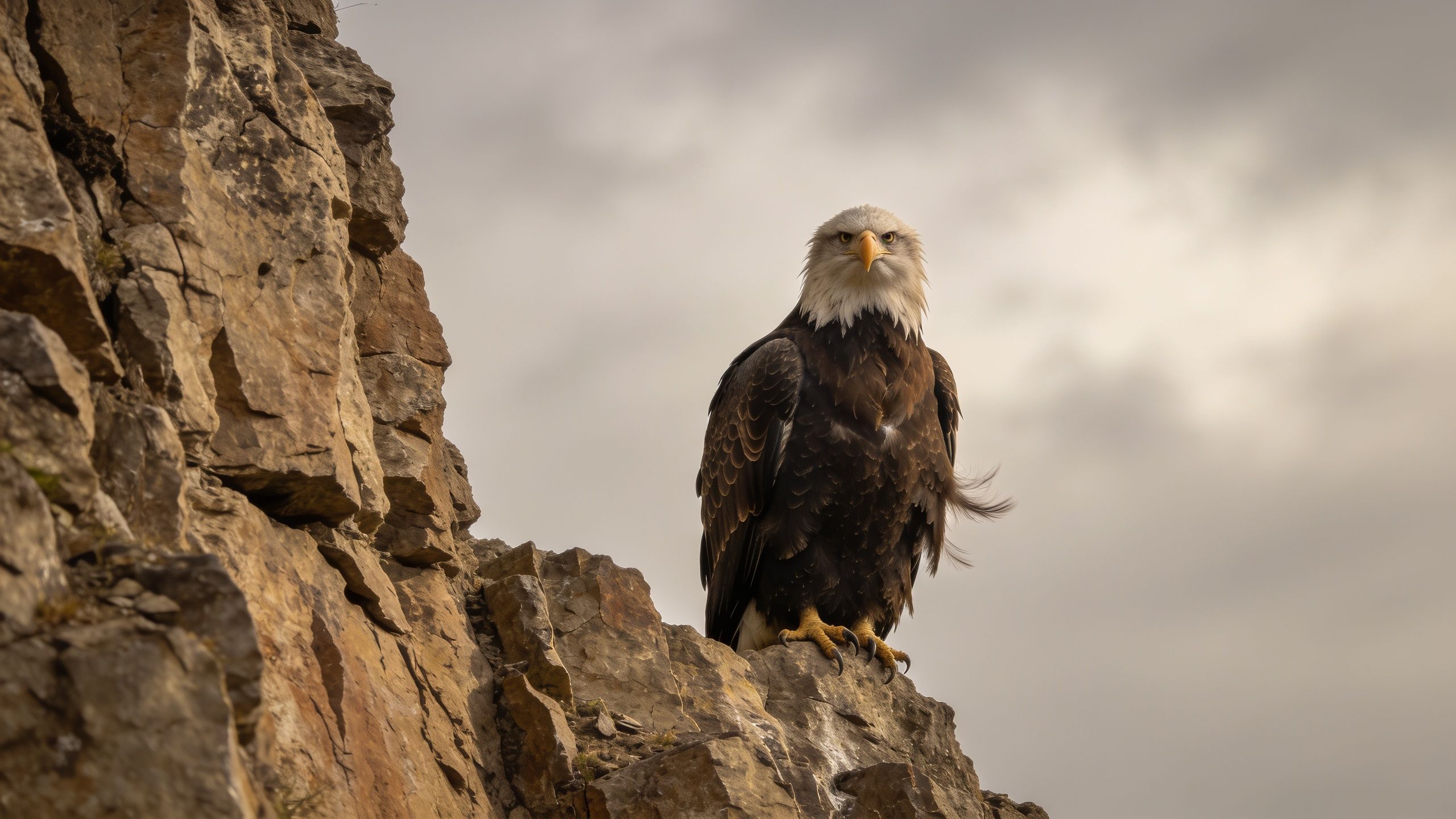 A majestic eagle with striking white head feathers and sharp talons is perched confidently on a rugged rocky cliff, set against a cloudy sky that adds a dramatic and serene mood to the scene.
