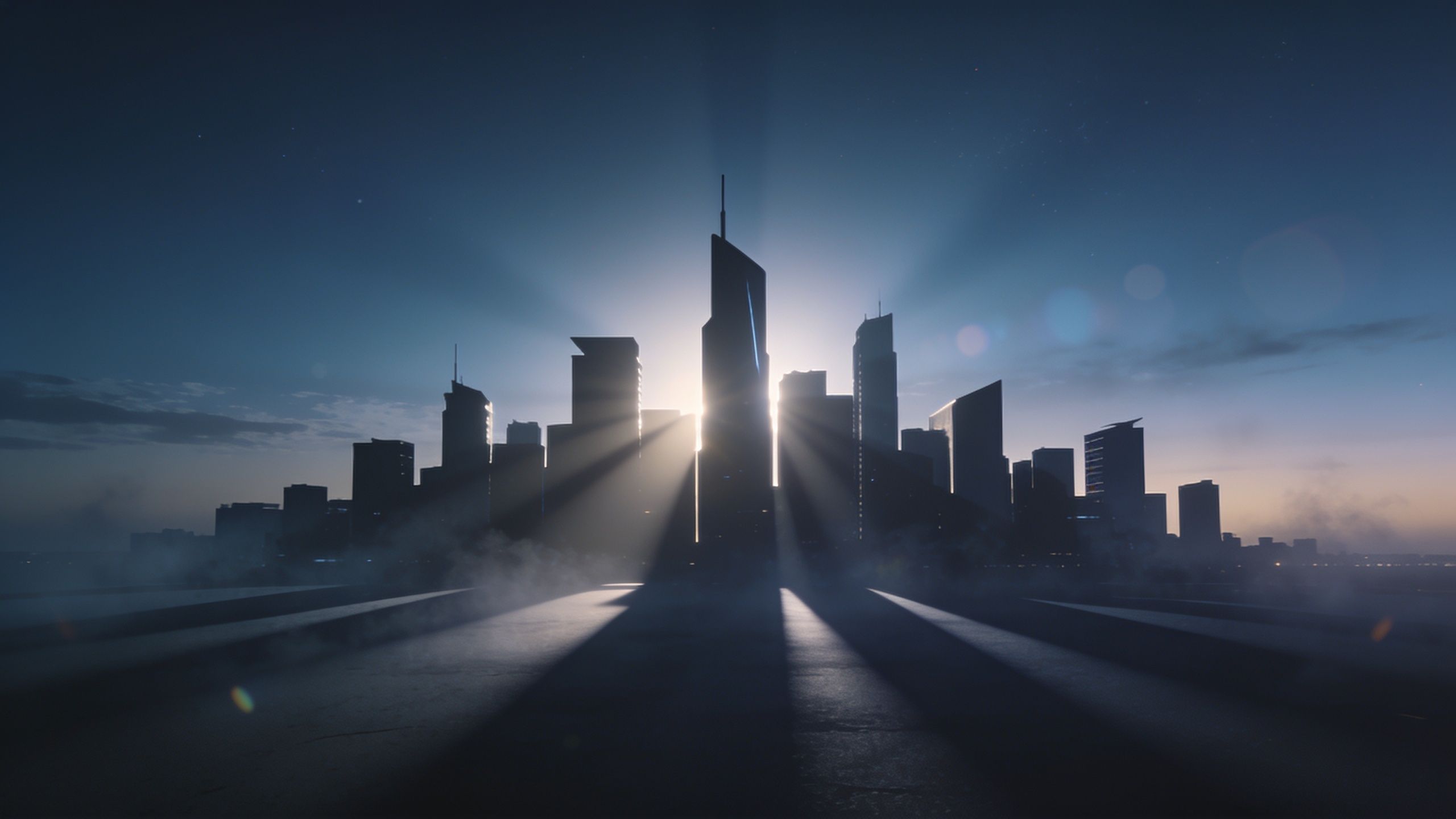 A cityscape at dawn is silhouetted against a dramatic sky, with sunbeams radiating from behind tall skyscrapers, casting long shadows and creating a serene yet powerful atmosphere.