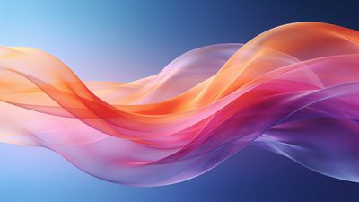A dynamic composition of flowing, translucent waves in vibrant hues of orange, pink, and purple set against a gradient blue background, creating a sense of movement and energy.