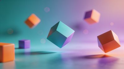 Floating geometric cubes in pastel hues of orange, teal, and purple hover against a softly blurred background, creating a serene and dreamy atmosphere.