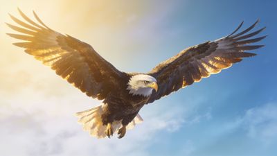 A majestic eagle soars gracefully through a clear blue sky, its wings illuminated by a warm golden light, creating a serene and powerful atmosphere.