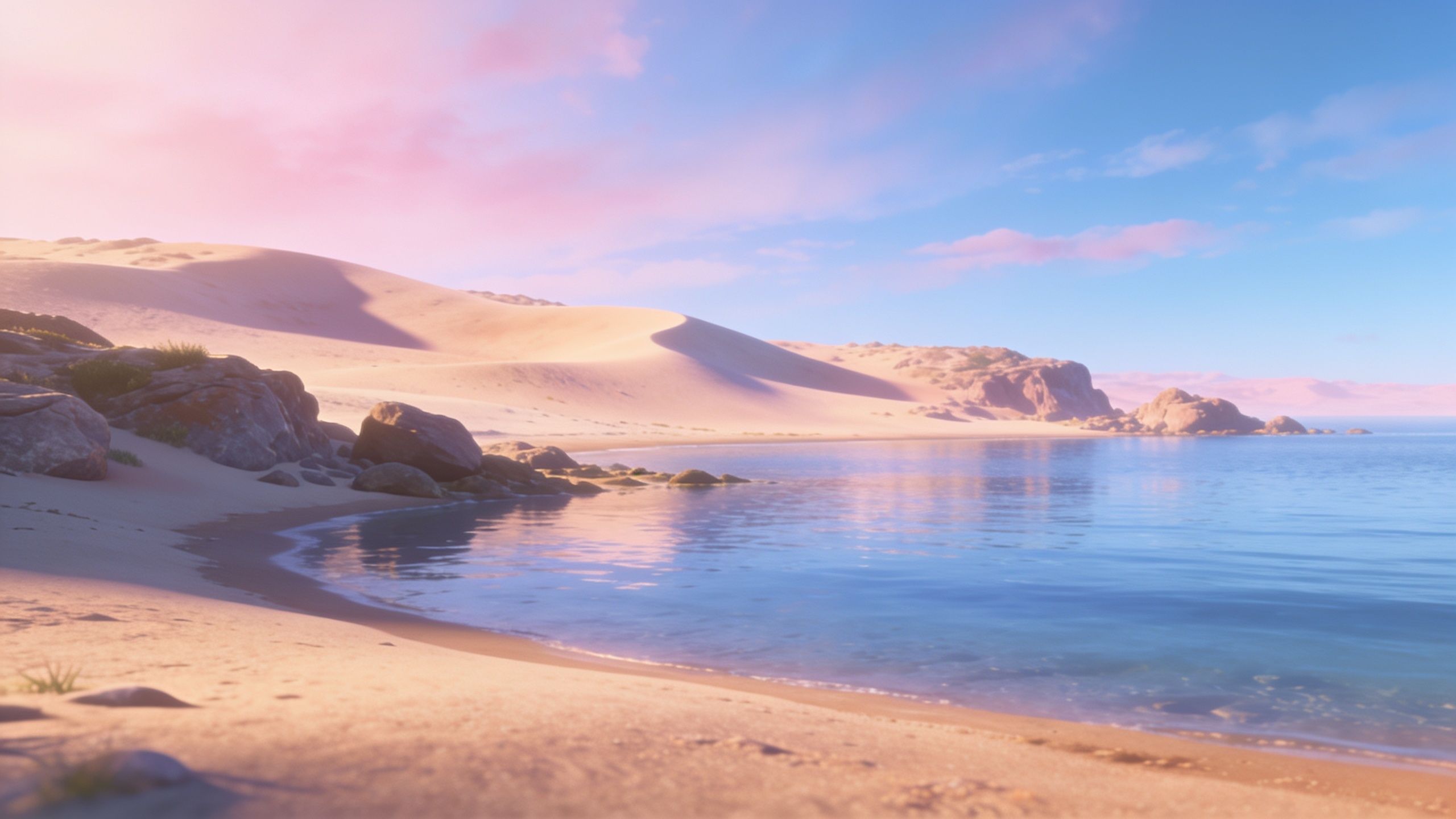 A serene desert beach at sunset with soft, pink-hued skies reflecting on calm waters, surrounded by gentle sand dunes and scattered rocks, creating a tranquil and peaceful atmosphere.